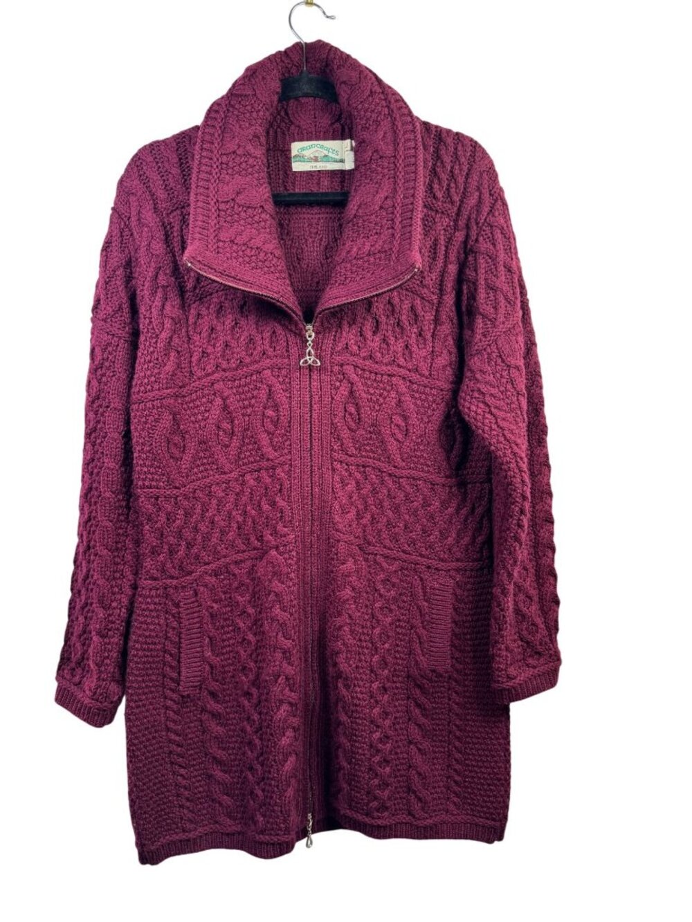 Aran Crafts 100% Merino Wool Burgundy Cable Knit Long Cardigan Sweater Large Zip